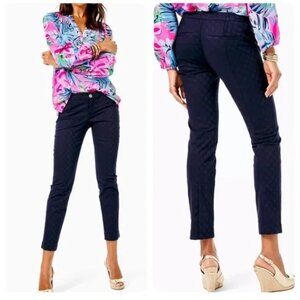 Lilly Pulitzer Kelly Textured Skinny Pants Women's 2 Navy Blue Ankle Preppy Chic